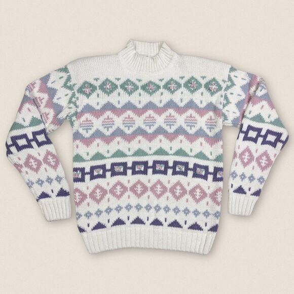 Vintage Grandma ski sweater pastel mock neck turtleneck koret Size Medium - Picture 1 of 4